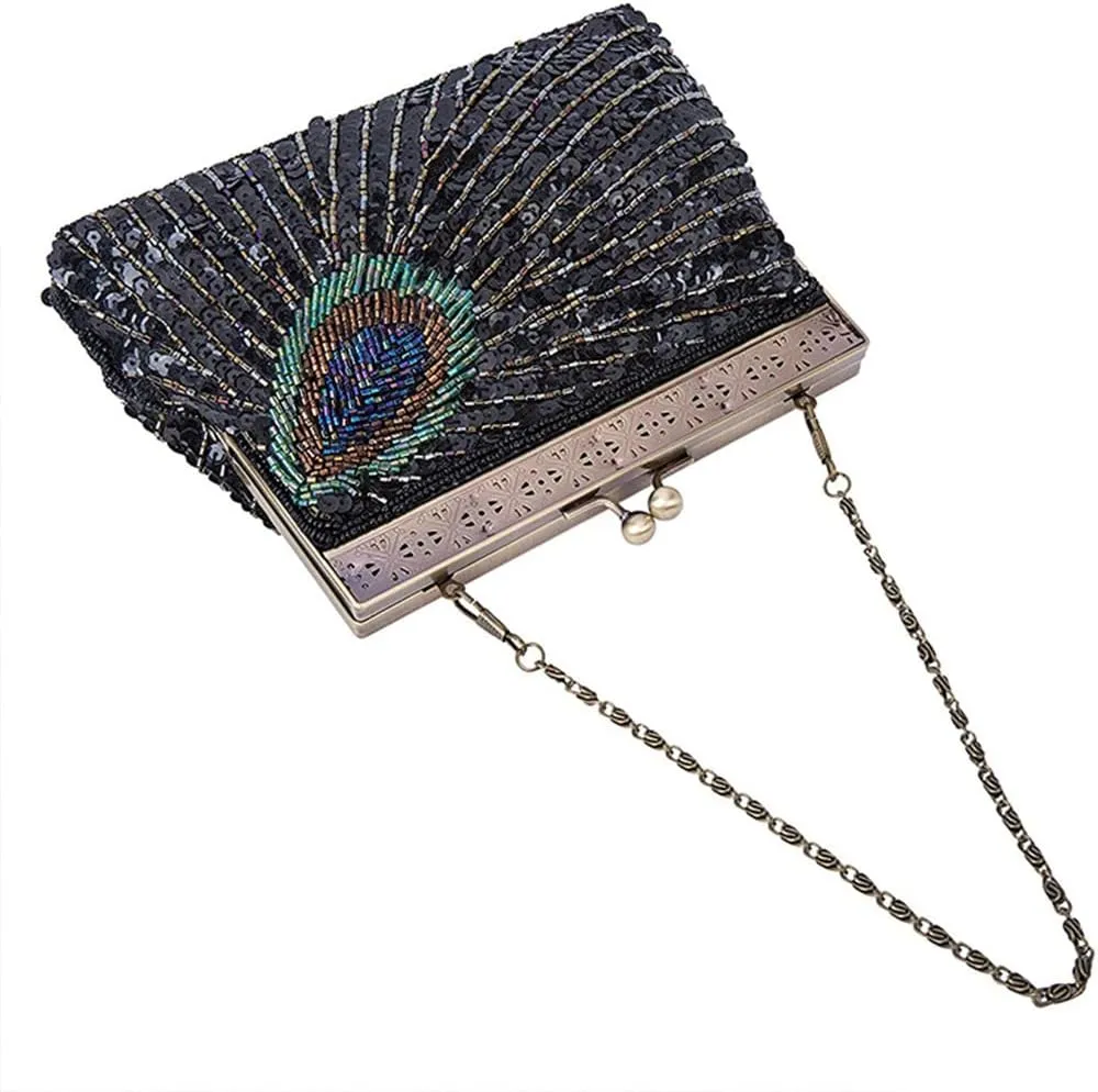 Vintage Peacock Beaded Sequin Clutch Bag Purse Evening Bags
