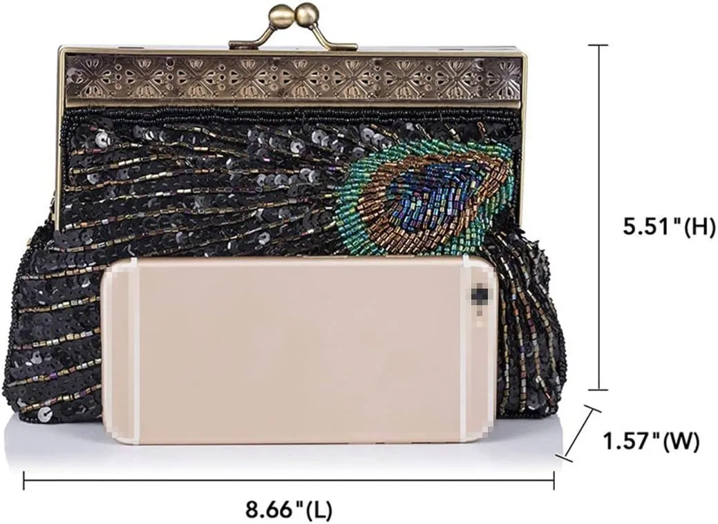 Vintage Peacock Beaded Sequin Clutch Bag Purse Evening Bags