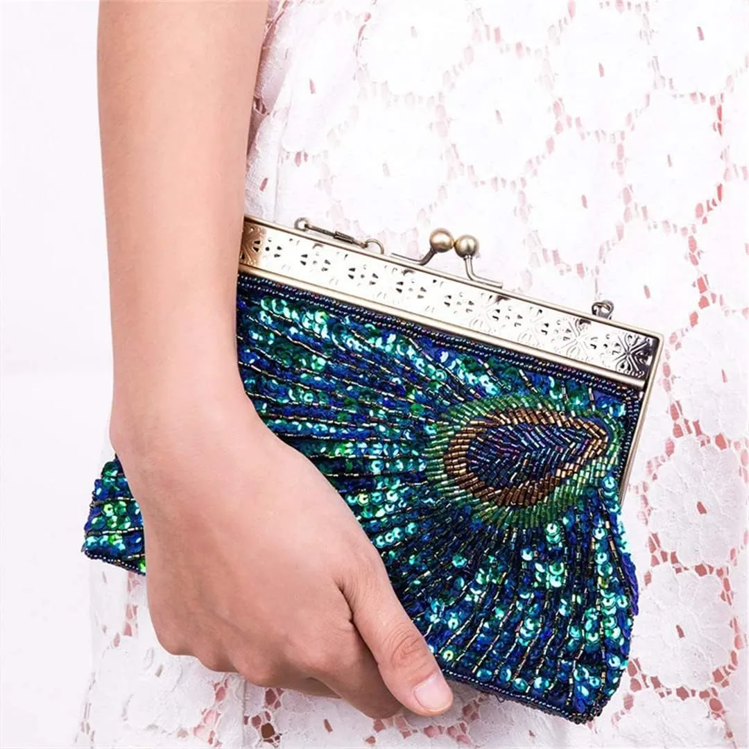 Vintage Peacock Beaded Sequin Clutch Bag Purse Evening Bags