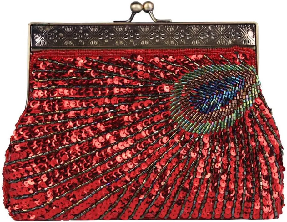 Vintage Peacock Beaded Sequin Clutch Bag Purse Evening Bags