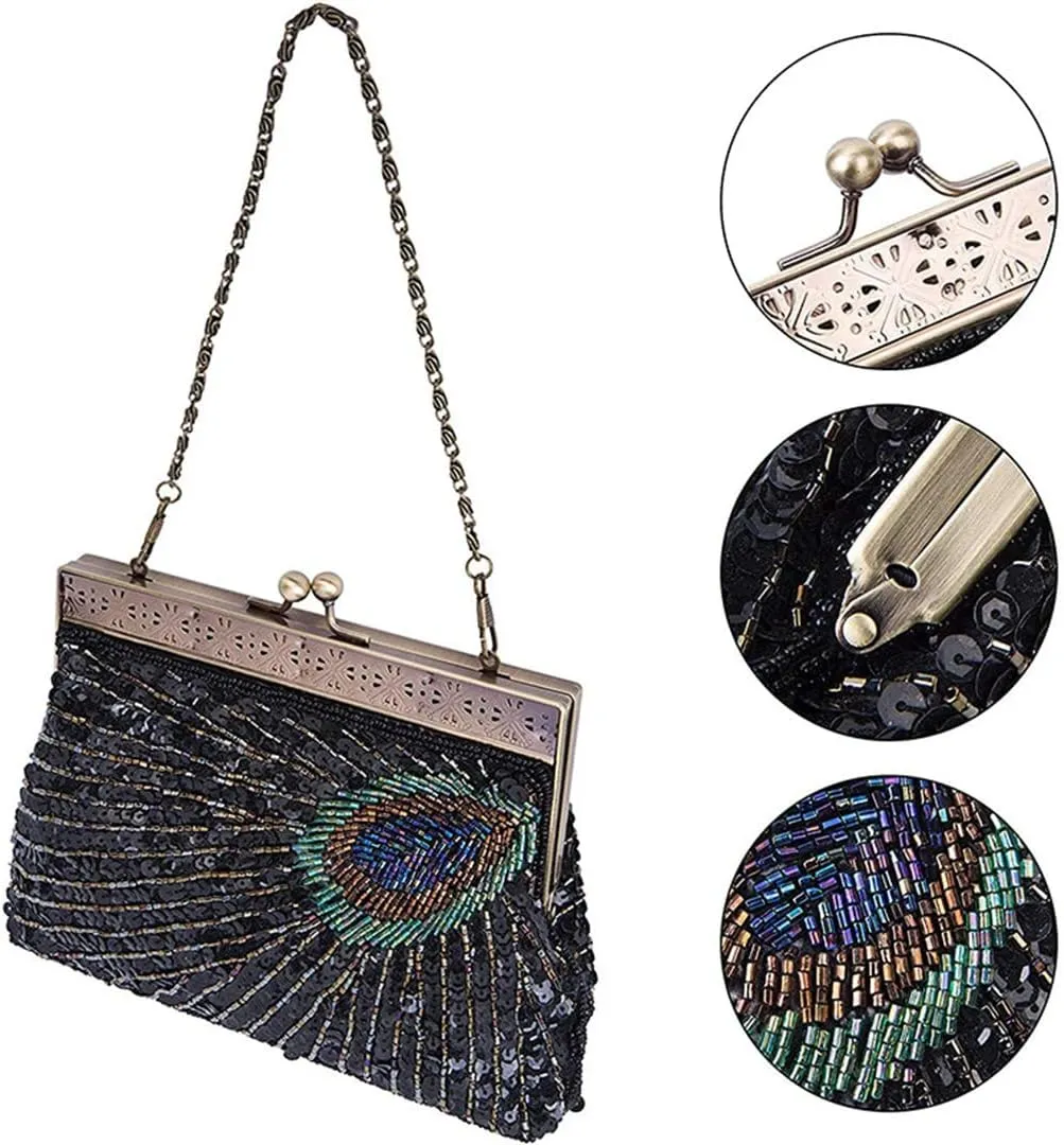 Vintage Peacock Beaded Sequin Clutch Bag Purse Evening Bags