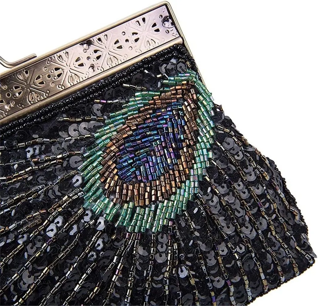 Vintage Peacock Beaded Sequin Clutch Bag Purse Evening Bags