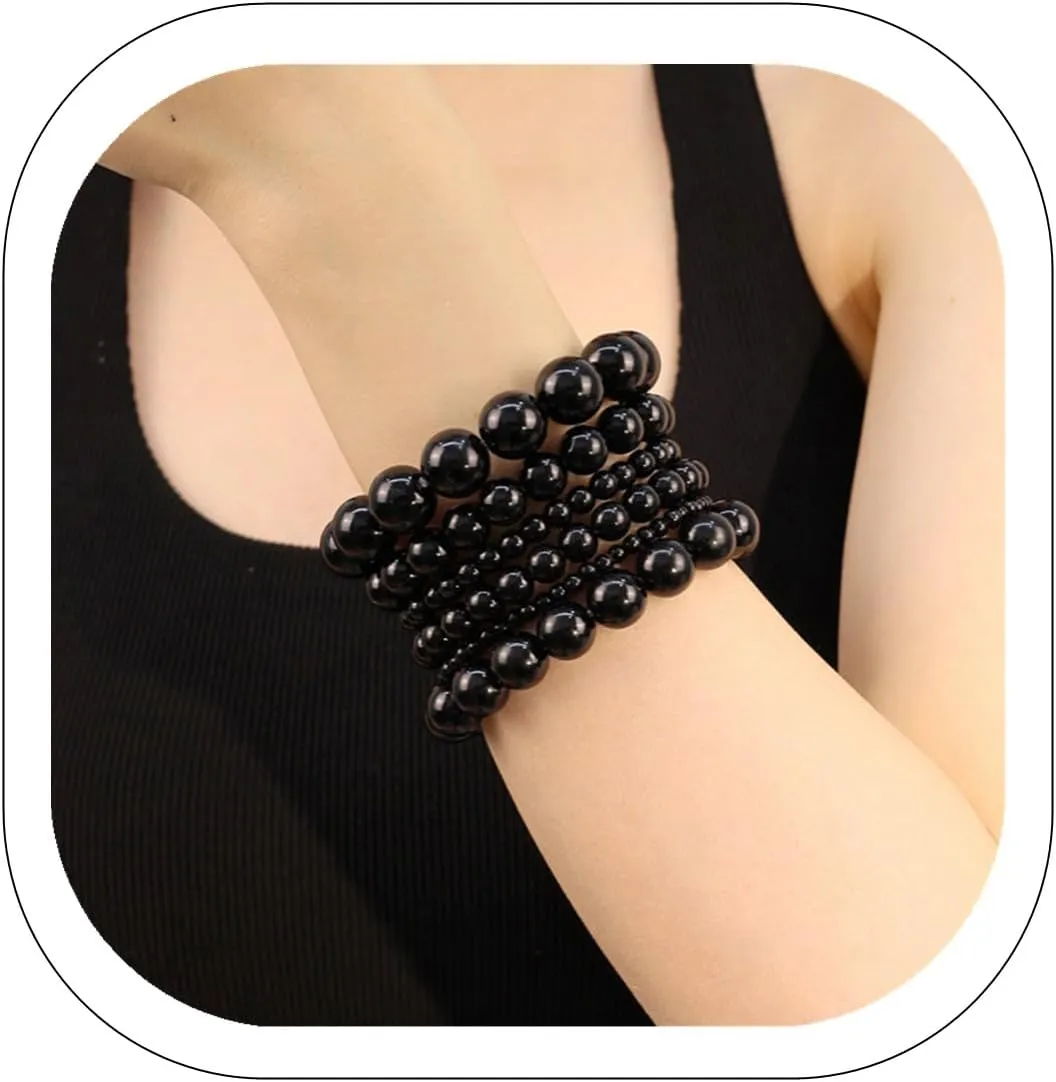 Vintage Pearl Bracelet Set 6 Pieces White Black Beaded Stretch Bracelets Stackable Faux Pearl Hand Jewelry for Women Bride Bridesmaid