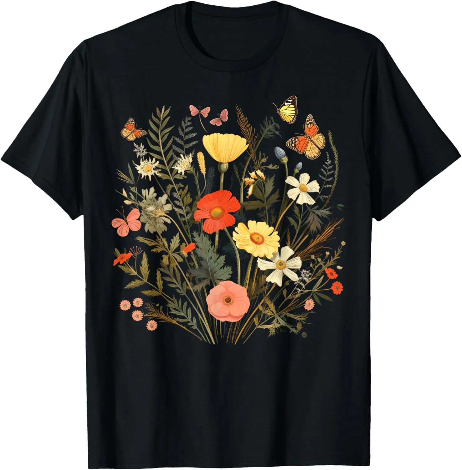 Vintage Pressed Flowers Butterflies Floral Boho Wildflowers T-Shirt