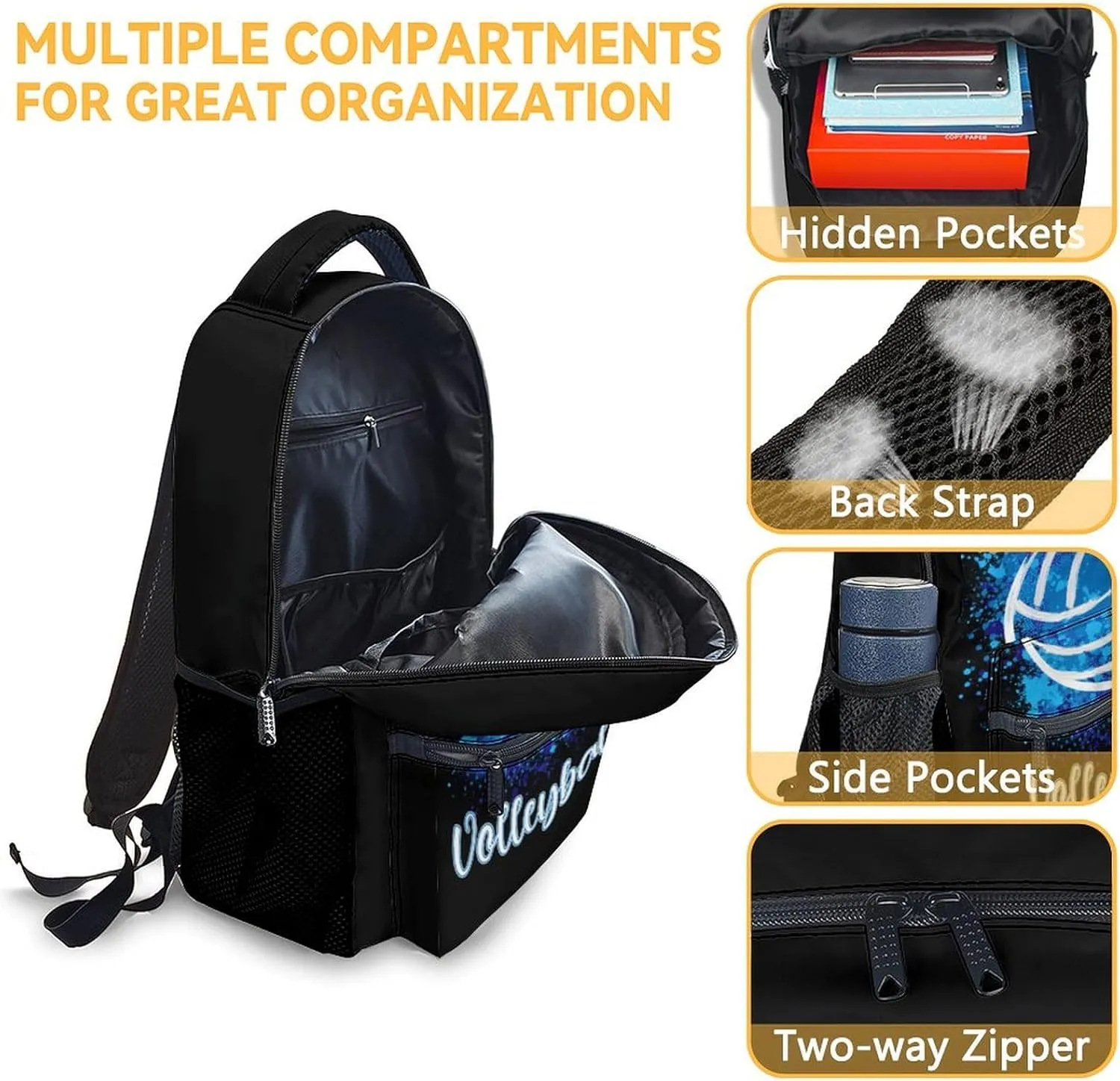Volleyball Backpack for Boys, 16 Inch Black Backpacks for Kindergarten, Cool Durable Bookbag for Kids