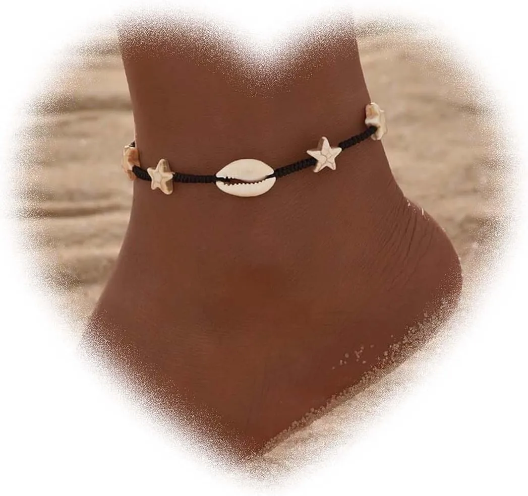 W WEILIRIAN Bohemian Shell Anklet for Women Star Ankle Bracelets Black Woven Rope Anklets Chain Bracelet Natural Cowrie Anklets Summer Beach Anklet Foot Chain Jewelry for Gifts