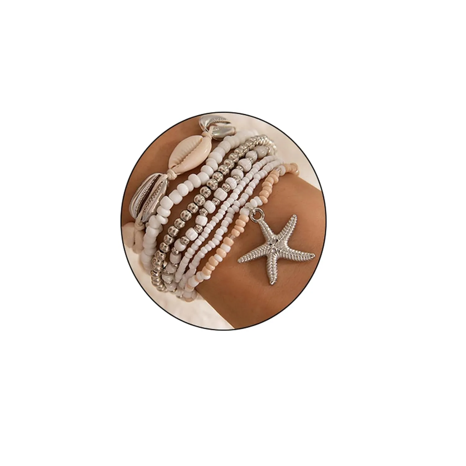 WCRAZYE Beach Layered Starfish Shell Bracelets for Women Multilayer Beads Gold Starfish Bracelet Handmade Boho Beaded Bracelet Seashell Bracelet Summer Beach Surfer Ocean Jewelry (Silver)