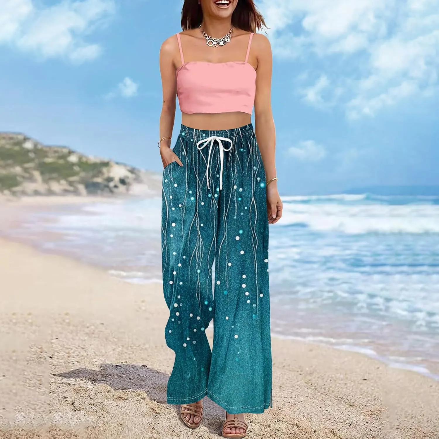 Wide Leg Pants Women Summer Boho High Waist Elastic Waist Palazzo Pants Trendy Casual Floral Print Trousers with Pockets