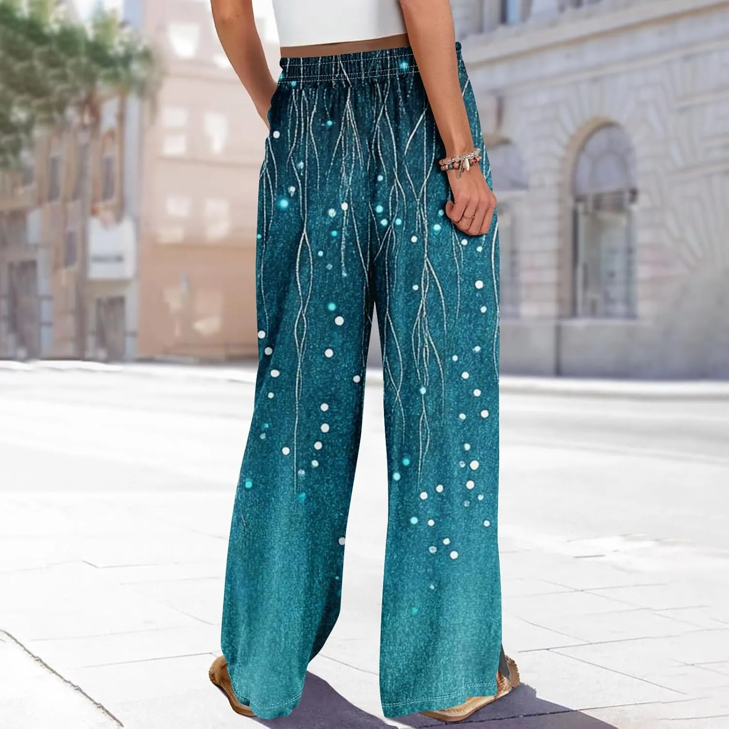 Wide Leg Pants Women Summer Boho High Waist Elastic Waist Palazzo Pants Trendy Casual Floral Print Trousers with Pockets