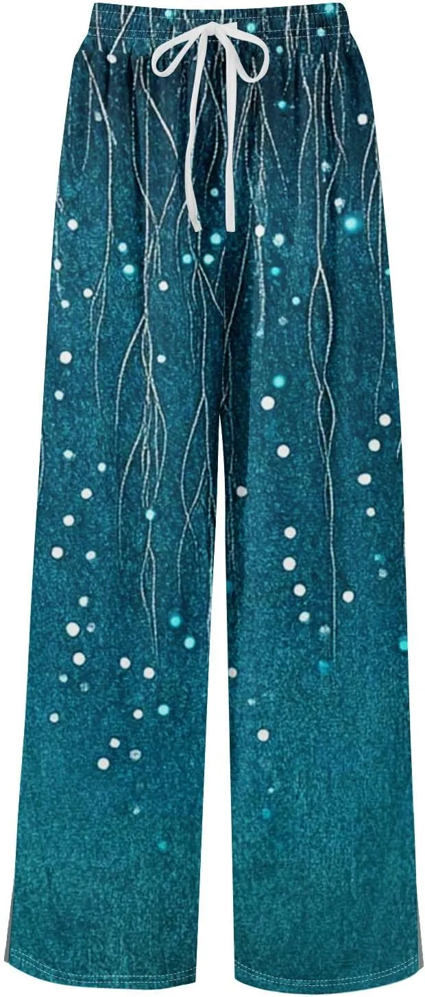 Wide Leg Pants Women Summer Boho High Waist Elastic Waist Palazzo Pants Trendy Casual Floral Print Trousers with Pockets