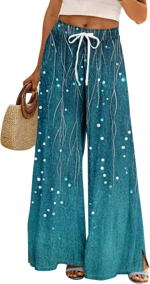 Wide Leg Pants Women Summer Boho High Waist Elastic Waist Palazzo Pants Trendy Casual Floral Print Trousers with Pockets