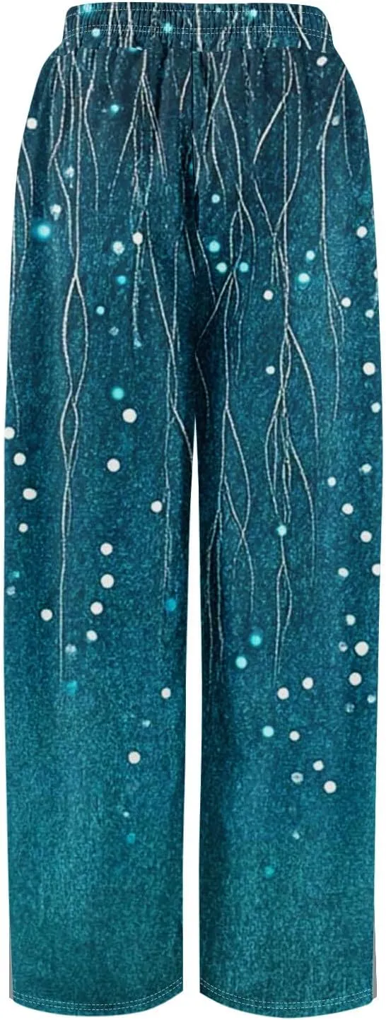 Wide Leg Pants Women Summer Boho High Waist Elastic Waist Palazzo Pants Trendy Casual Floral Print Trousers with Pockets