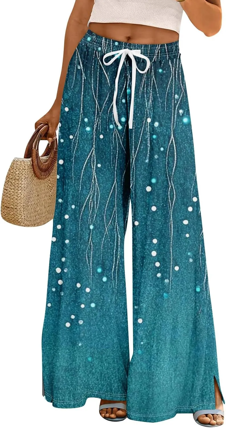 Wide Leg Pants Women Summer Boho High Waist Elastic Waist Palazzo Pants Trendy Casual Floral Print Trousers with Pockets