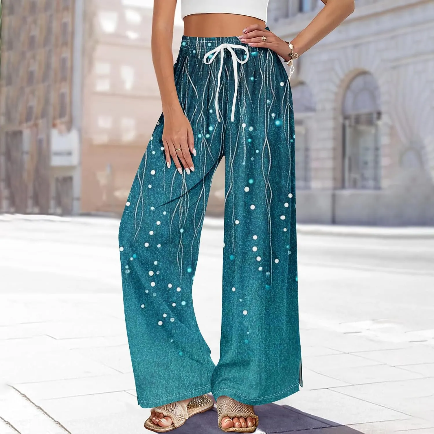 Wide Leg Pants Women Summer Boho High Waist Elastic Waist Palazzo Pants Trendy Casual Floral Print Trousers with Pockets