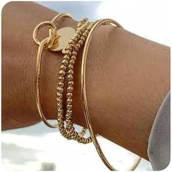 Wiwpar Boho Layered Beaded Bracelets Layered Bangle Link Bracelets Open Cuff Bracelet Set Adjustable for Women (Gold)