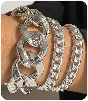 Wiwpar Boho Layered Chunky Bracelets Fashion Layered Link Chain Bracelets Set Adjustable for Women (Silver)