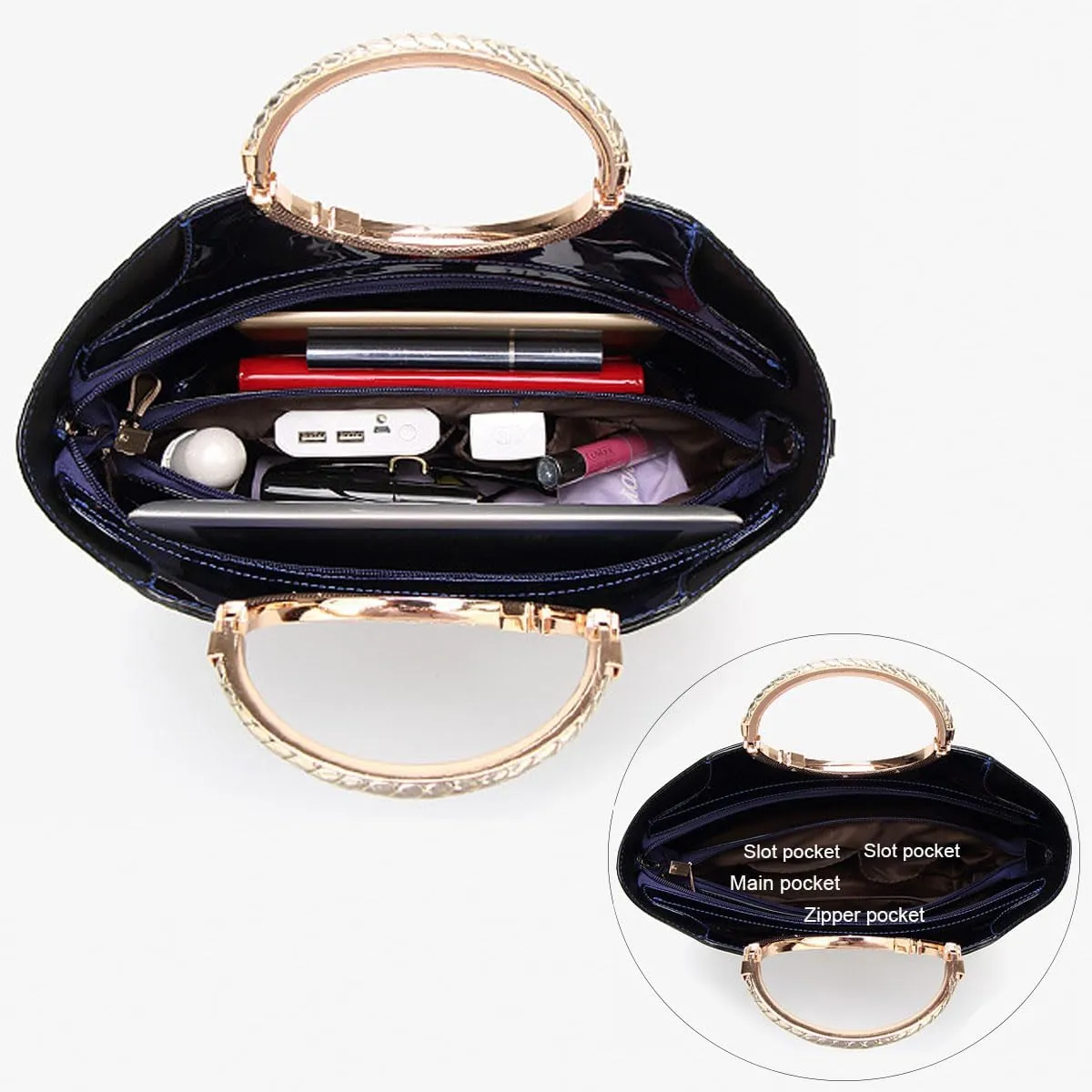 Women Handbag Purse Patent Leather Top-handle Bag Elegant Clutch Evening Bag Flower Pendant Shoulder Bags