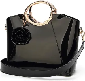 Women Handbag Purse Patent Leather Top-handle Bag Elegant Clutch Evening Bag Flower Pendant Shoulder Bags