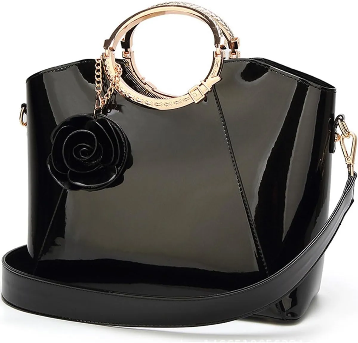 Women Handbag Purse Patent Leather Top-handle Bag Elegant Clutch Evening Bag Flower Pendant Shoulder Bags