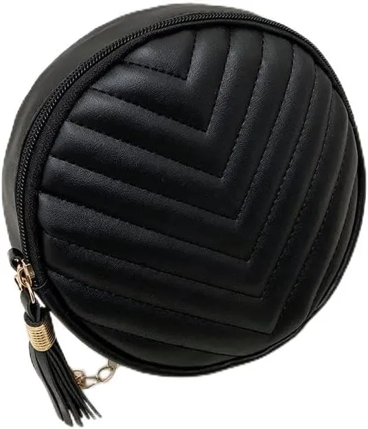 Women Handbags Shoulder Bags, Satchel Tote Bag, Fashion Women Round Bag Leather Women's Circular Crossbody Shoulder Bags with Tassel Ladies Purse Female Handbag (Color : Black)