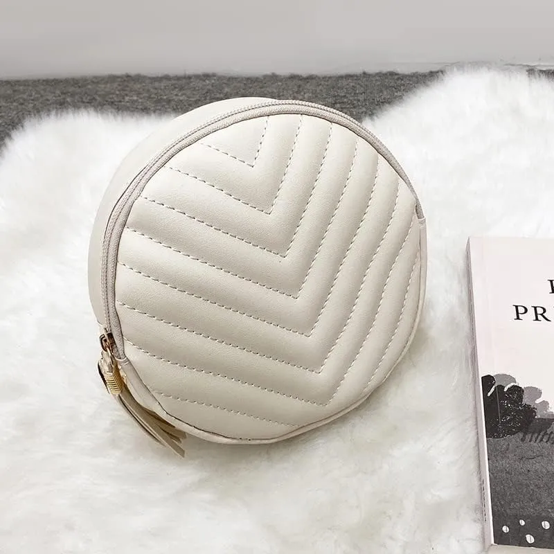Women Handbags Shoulder Bags, Satchel Tote Bag, Fashion Women Round Bag Leather Women's Circular Crossbody Shoulder Bags with Tassel Ladies Purse Female Handbag (Color : White)