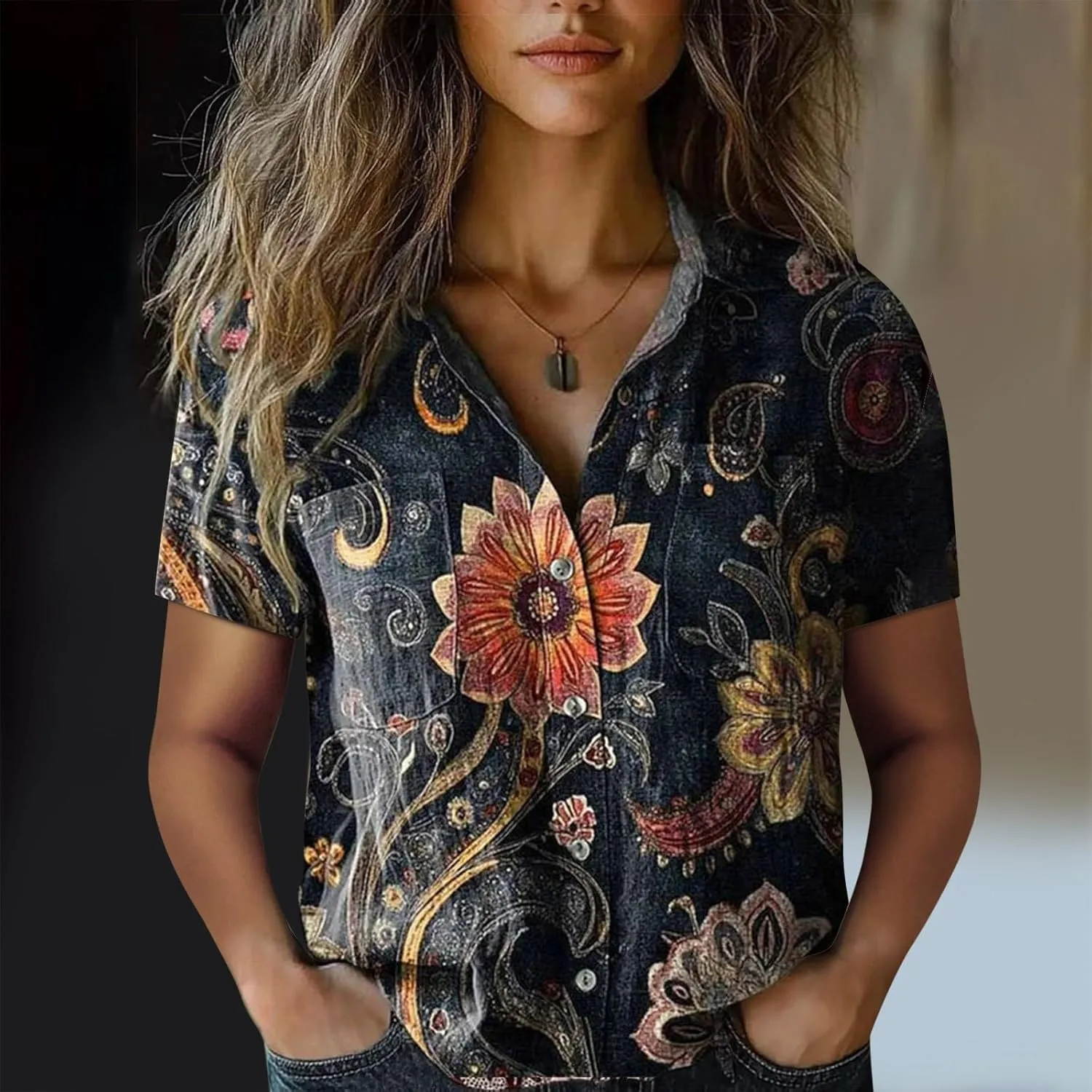 Women Linen Shirts Button Down Colorful Stripe Print V Neck Collared Tops Daily t Shirts Summer Shirts for Women 2025