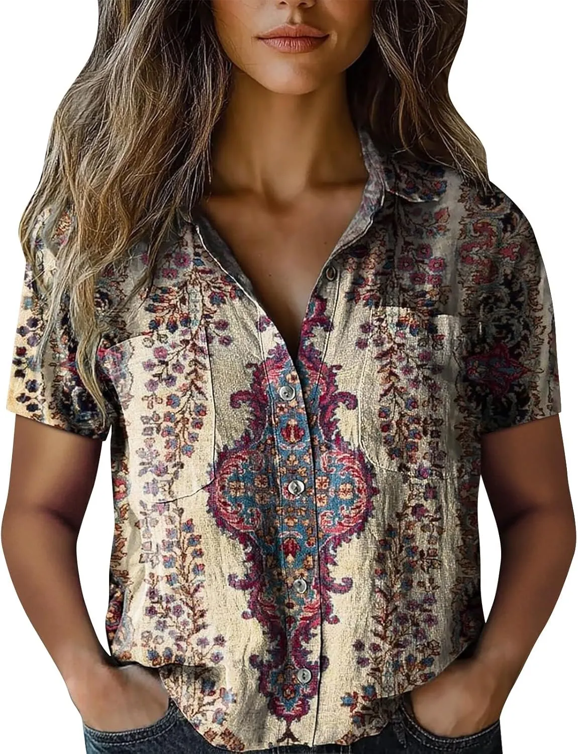 Women Linen Shirts Button Down Colorful Stripe Print V Neck Collared Tops Daily t Shirts Summer Shirts for Women 2025
