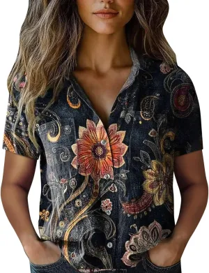 Women Linen Shirts Button Down Colorful Stripe Print V Neck Collared Tops Daily t Shirts Summer Shirts for Women 2025