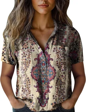 Women Linen Shirts Button Down Colorful Stripe Print V Neck Collared Tops Daily t Shirts Summer Shirts for Women 2025