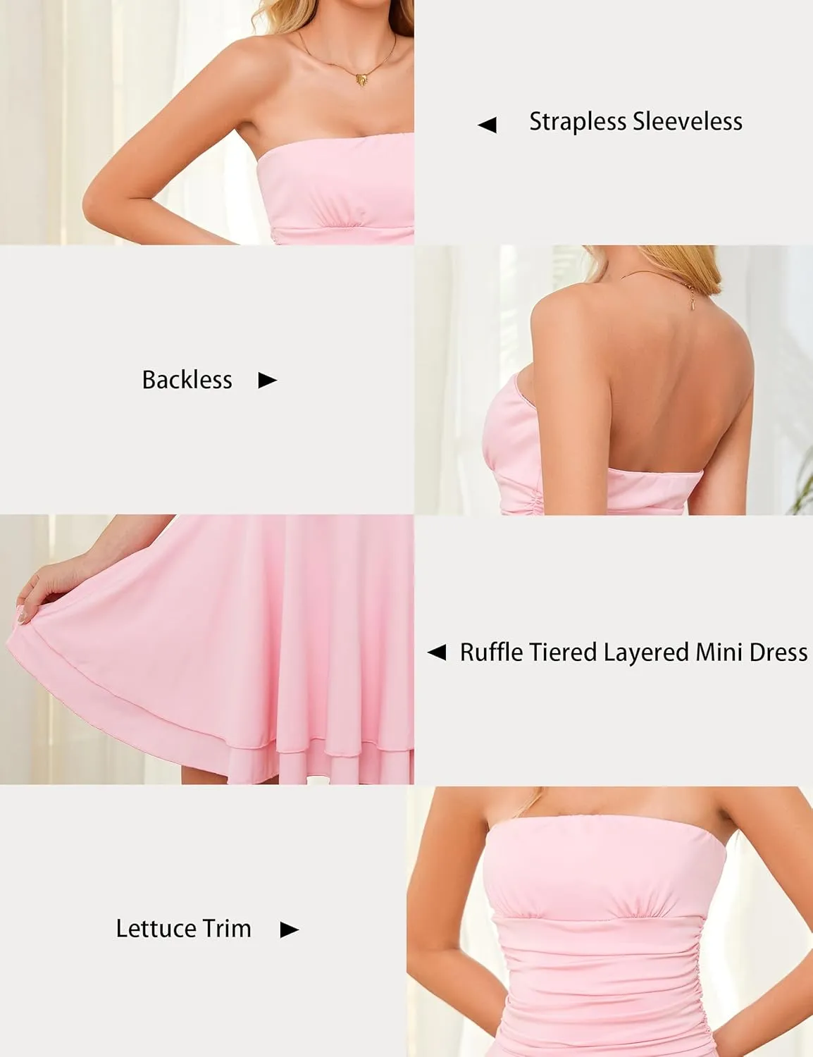 Women Strapless Ruched Waisted Tube Mini Dress Tiered Ruffled Hem Solid Slim Sexy Flowy Tube Short Dresses