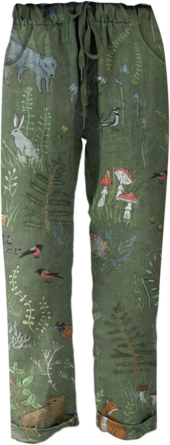 Women Vintage Cotton Linen Drawstring Straight Leg Pants Woodland Animals Floral Pattern Baggy Trousers with Pockets