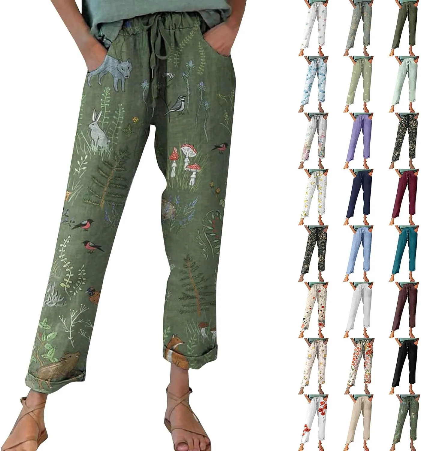 Women Vintage Cotton Linen Drawstring Straight Leg Pants Woodland Animals Floral Pattern Baggy Trousers with Pockets