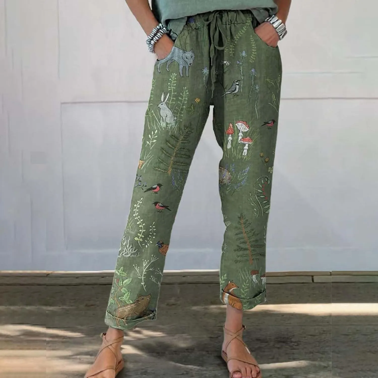 Women Vintage Cotton Linen Drawstring Straight Leg Pants Woodland Animals Floral Pattern Baggy Trousers with Pockets