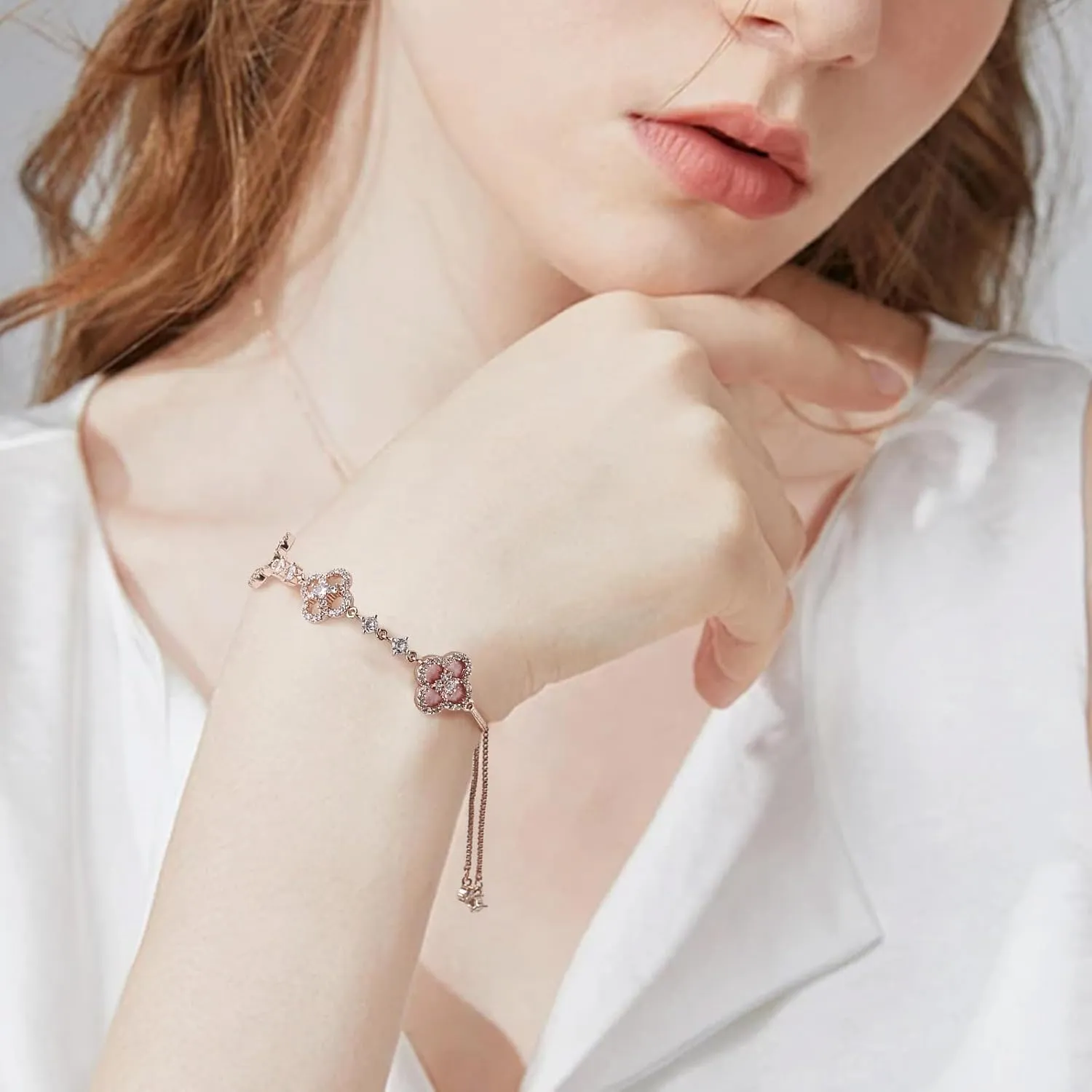 Women's 18K Gold Plated Clover Bracelet with Natural Shell - Four Leaf Lucky Charm Dainty Link Bracelets Jewelry for Women, Trendy Birthday/Mother's Day Gift