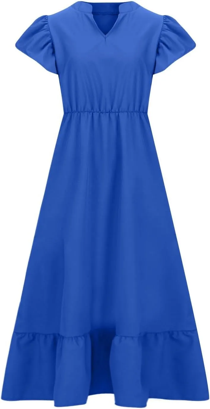 Women's 2025 Summer Casual Dresses Flutter Short Sleeve Smocked Elastic Waist Tiered Midi Dress Pocket Plus L-5XL