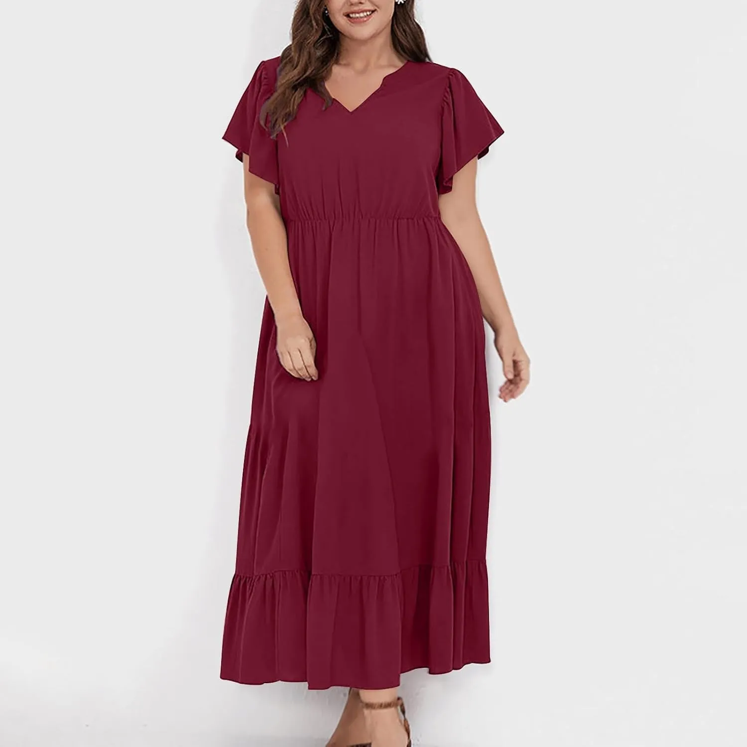 Women's 2025 Summer Casual Dresses Flutter Short Sleeve Smocked Elastic Waist Tiered Midi Dress Pocket Plus L-5XL
