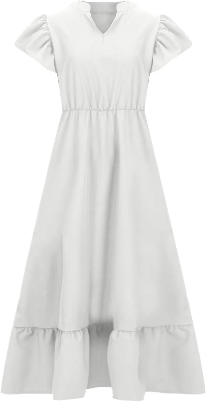 Women's 2025 Summer Casual Dresses Flutter Short Sleeve Smocked Elastic Waist Tiered Midi Dress Pocket Plus L-5XL