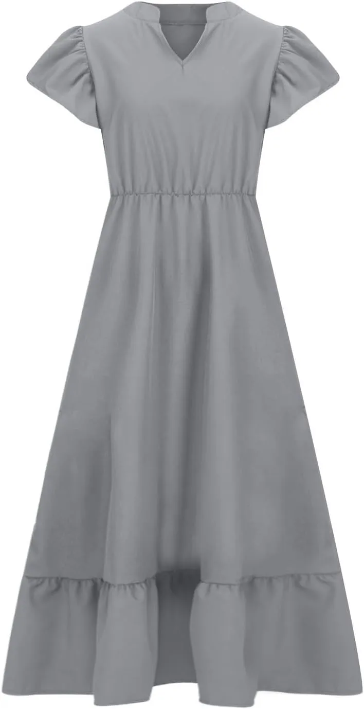 Women's 2025 Summer Casual Dresses Flutter Short Sleeve Smocked Elastic Waist Tiered Midi Dress Pocket Plus L-5XL