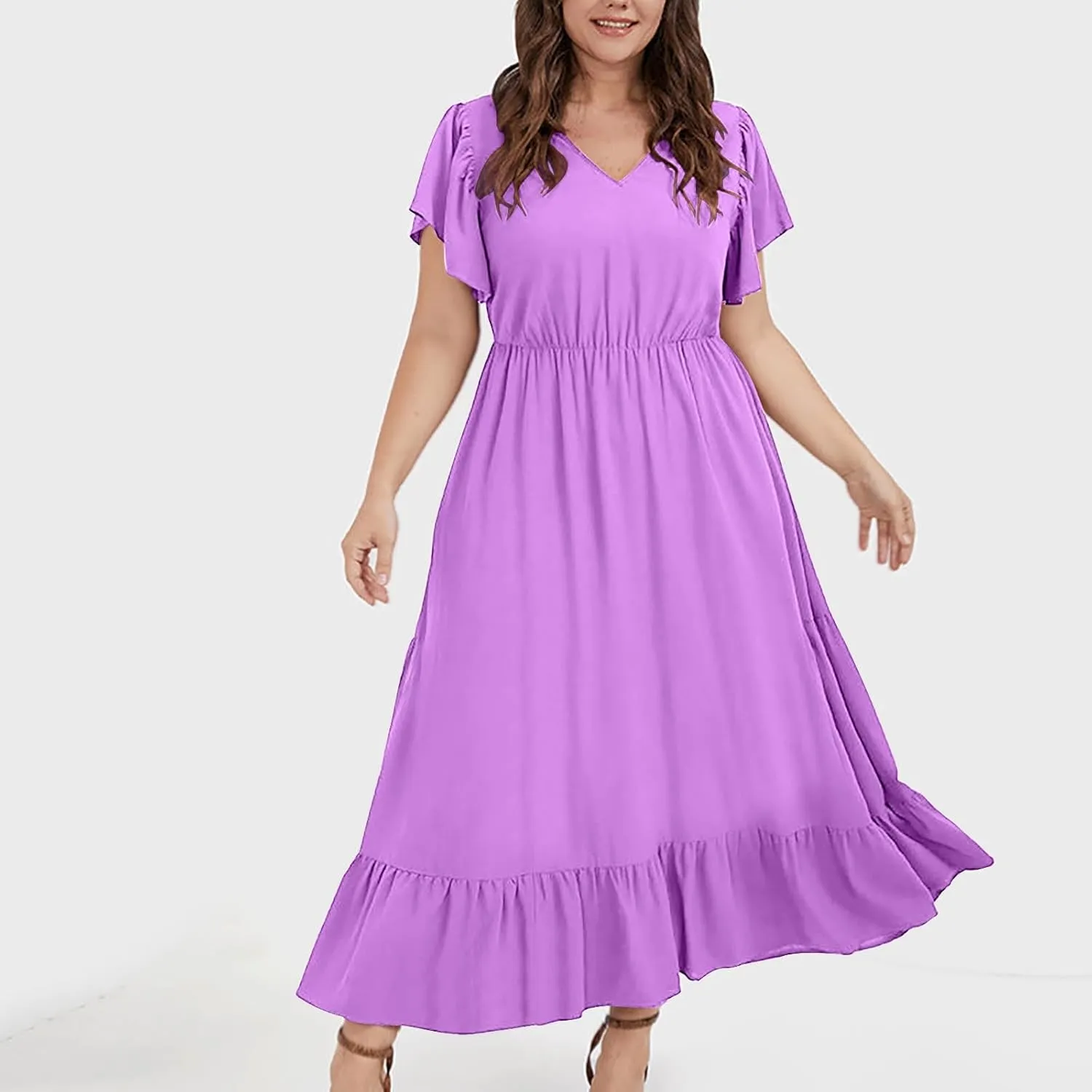 Women's 2025 Summer Casual Dresses Flutter Short Sleeve Smocked Elastic Waist Tiered Midi Dress Pocket Plus L-5XL