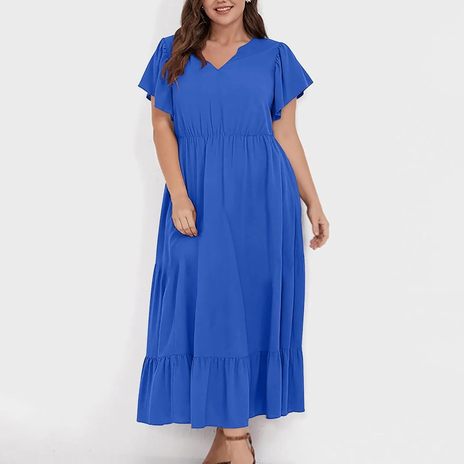 Women's 2025 Summer Casual Dresses Flutter Short Sleeve Smocked Elastic Waist Tiered Midi Dress Pocket Plus L-5XL
