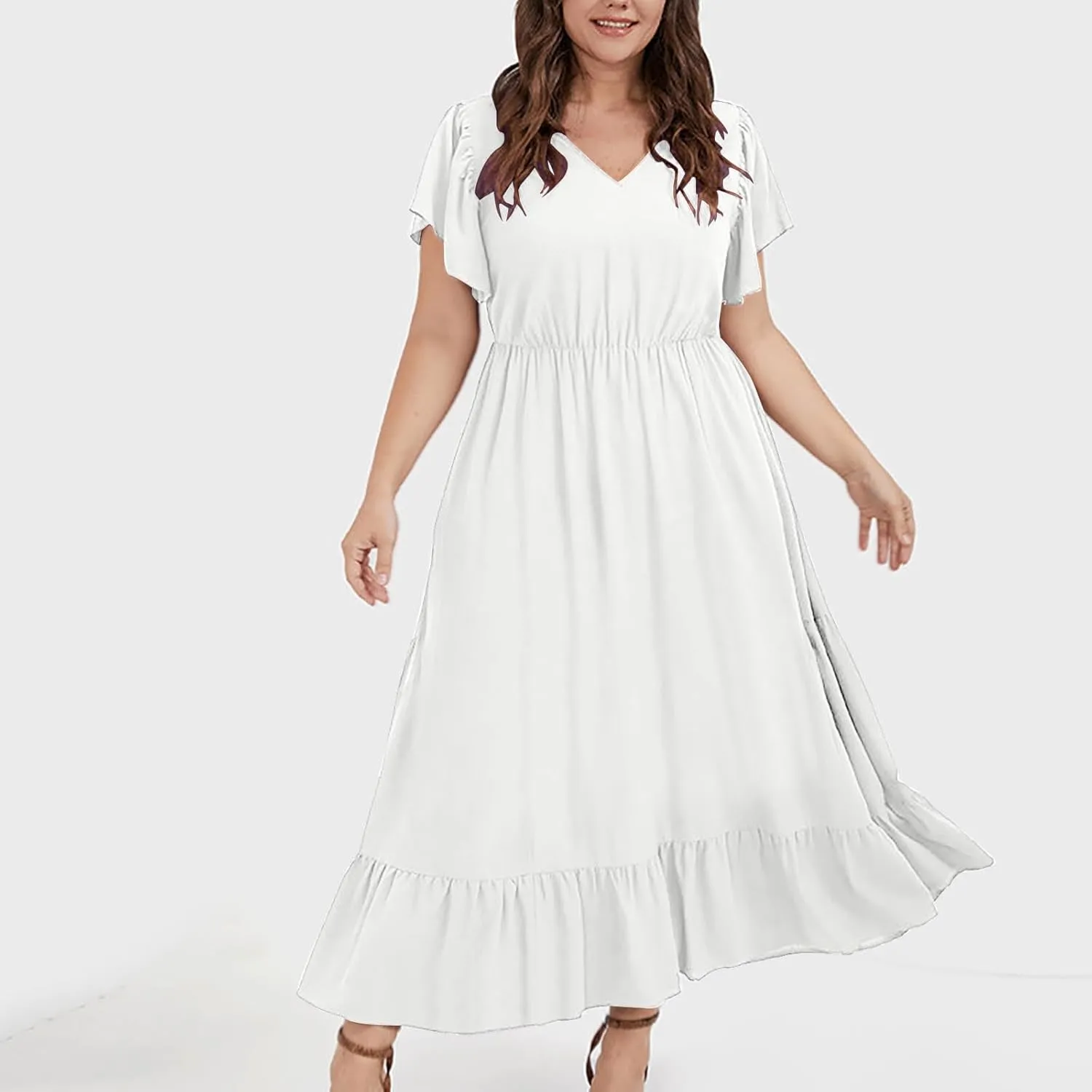 Women's 2025 Summer Casual Dresses Flutter Short Sleeve Smocked Elastic Waist Tiered Midi Dress Pocket Plus L-5XL