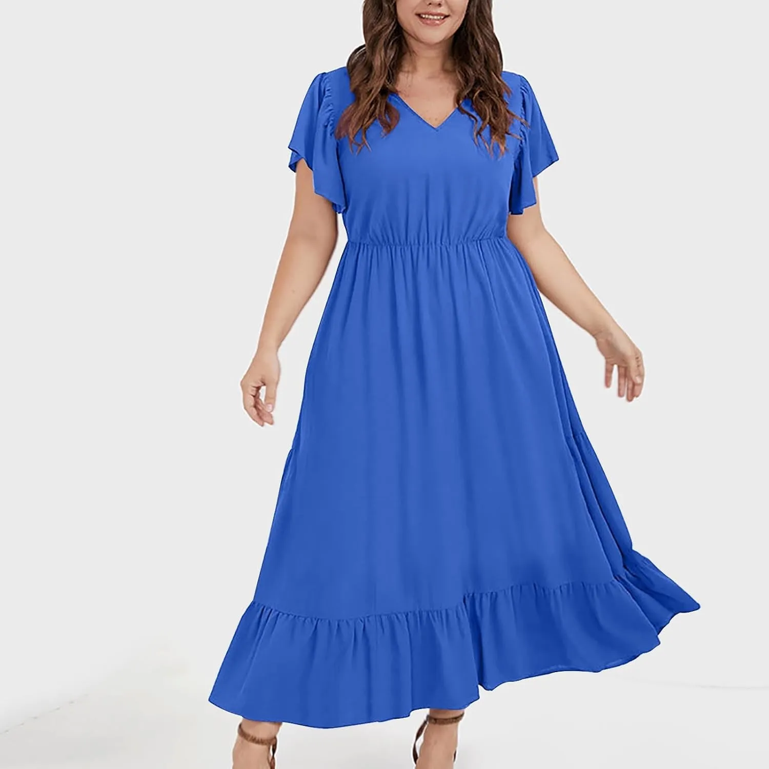 Women's 2025 Summer Casual Dresses Flutter Short Sleeve Smocked Elastic Waist Tiered Midi Dress Pocket Plus L-5XL