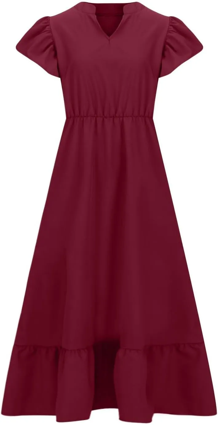 Women's 2025 Summer Casual Dresses Flutter Short Sleeve Smocked Elastic Waist Tiered Midi Dress Pocket Plus L-5XL