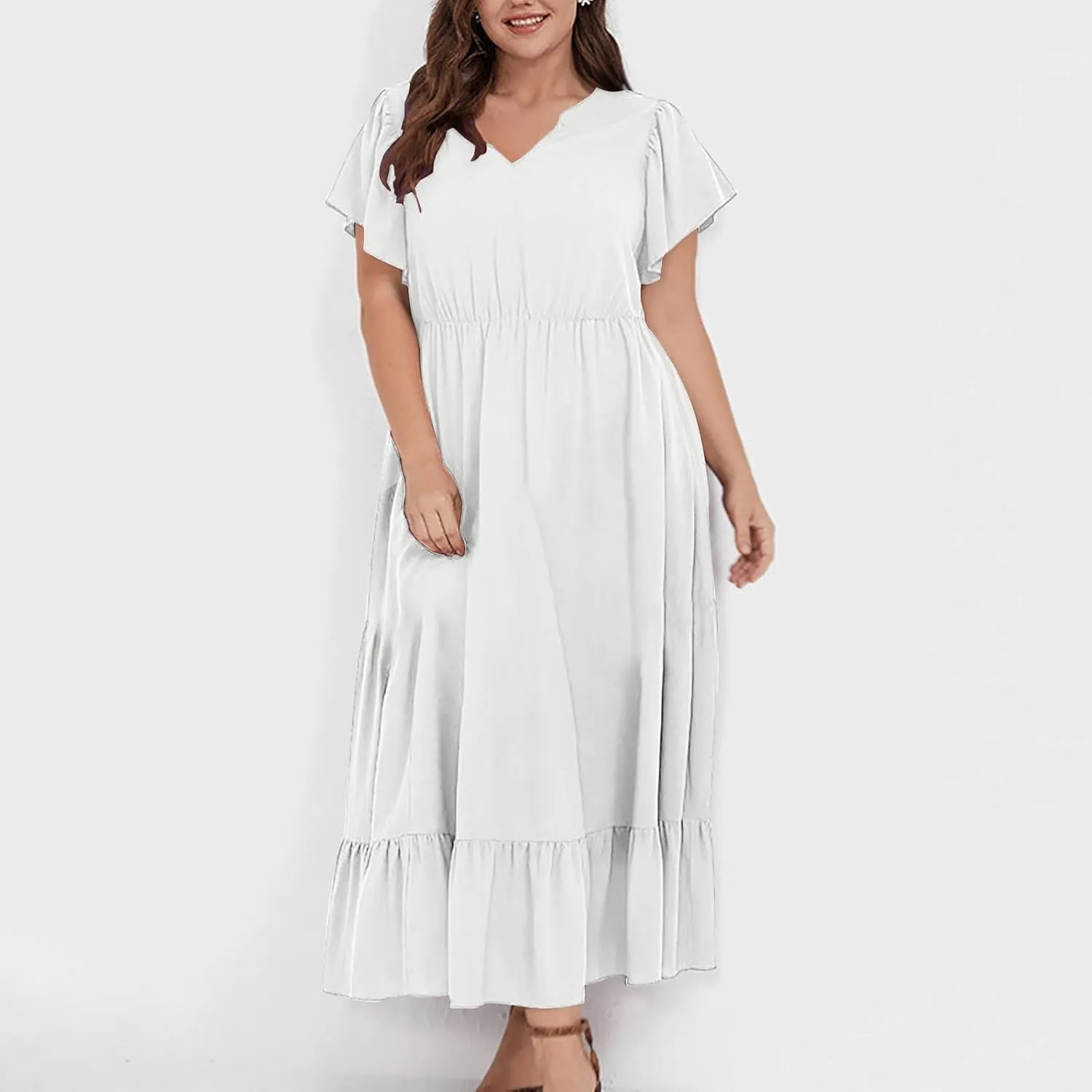 Women's 2025 Summer Casual Dresses Flutter Short Sleeve Smocked Elastic Waist Tiered Midi Dress Pocket Plus L-5XL