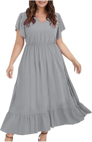Women's 2025 Summer Casual Dresses Flutter Short Sleeve Smocked Elastic Waist Tiered Midi Dress Pocket Plus L-5XL