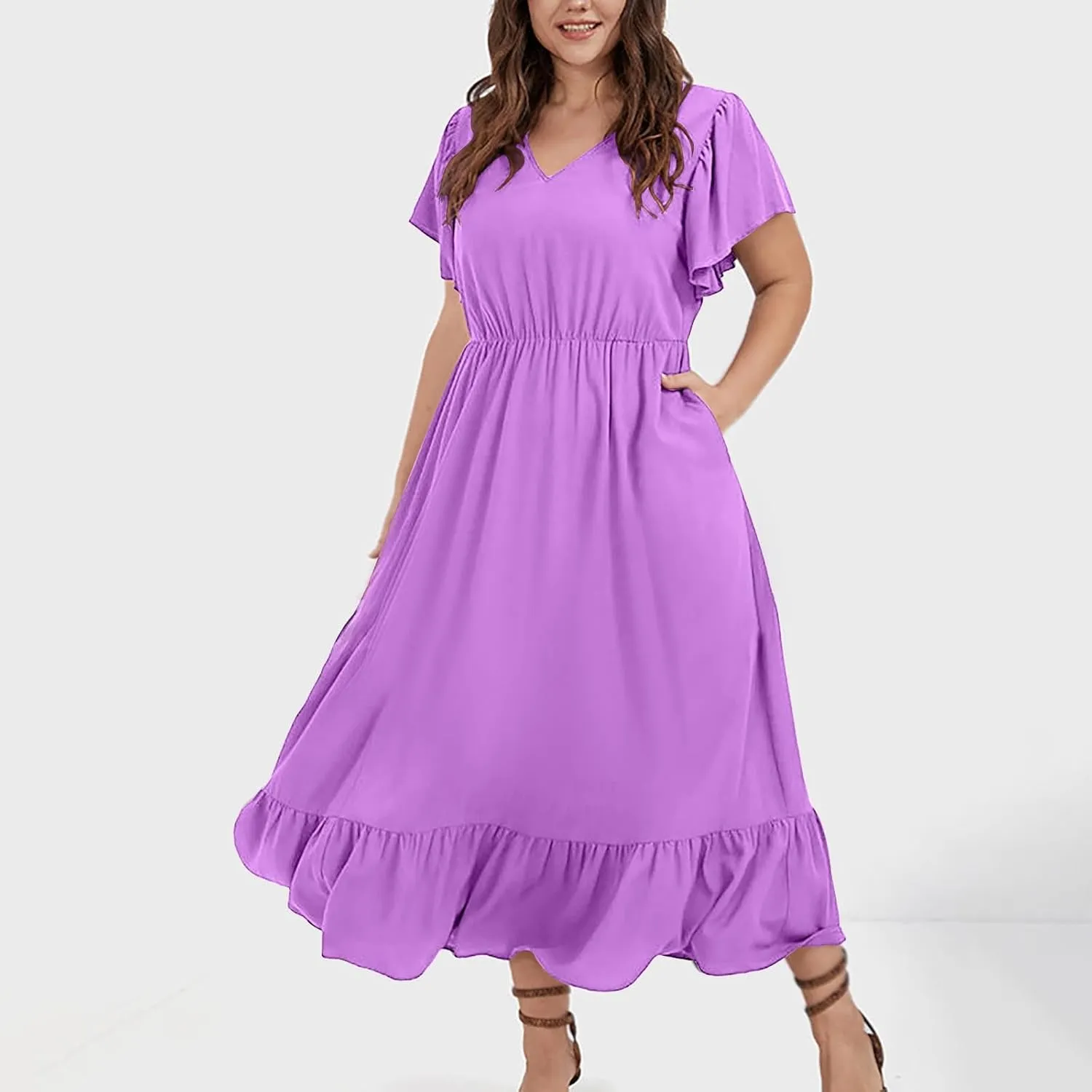 Women's 2025 Summer Casual Dresses Flutter Short Sleeve Smocked Elastic Waist Tiered Midi Dress Pocket Plus L-5XL