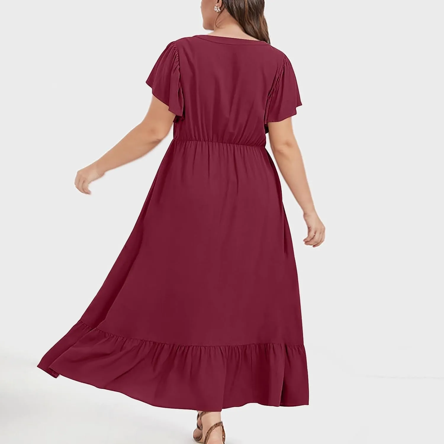 Women's 2025 Summer Casual Dresses Flutter Short Sleeve Smocked Elastic Waist Tiered Midi Dress Pocket Plus L-5XL
