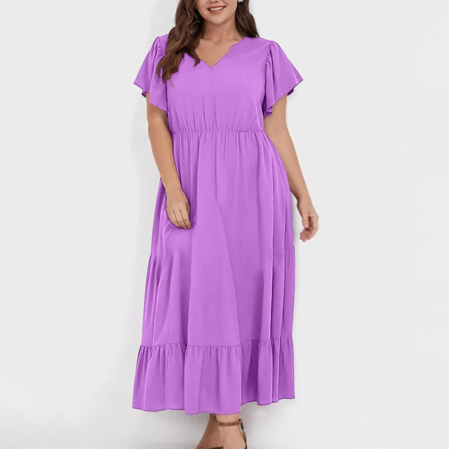 Women's 2025 Summer Casual Dresses Flutter Short Sleeve Smocked Elastic Waist Tiered Midi Dress Pocket Plus L-5XL