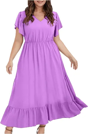 Women's 2025 Summer Casual Dresses Flutter Short Sleeve Smocked Elastic Waist Tiered Midi Dress Pocket Plus L-5XL