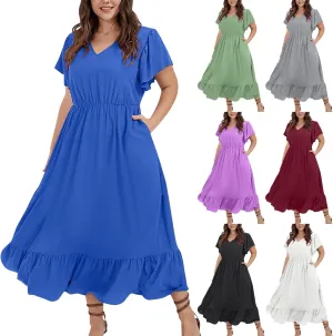 Women's 2025 Summer Casual Dresses Flutter Short Sleeve Smocked Elastic Waist Tiered Midi Dress Pocket Plus L-5XL